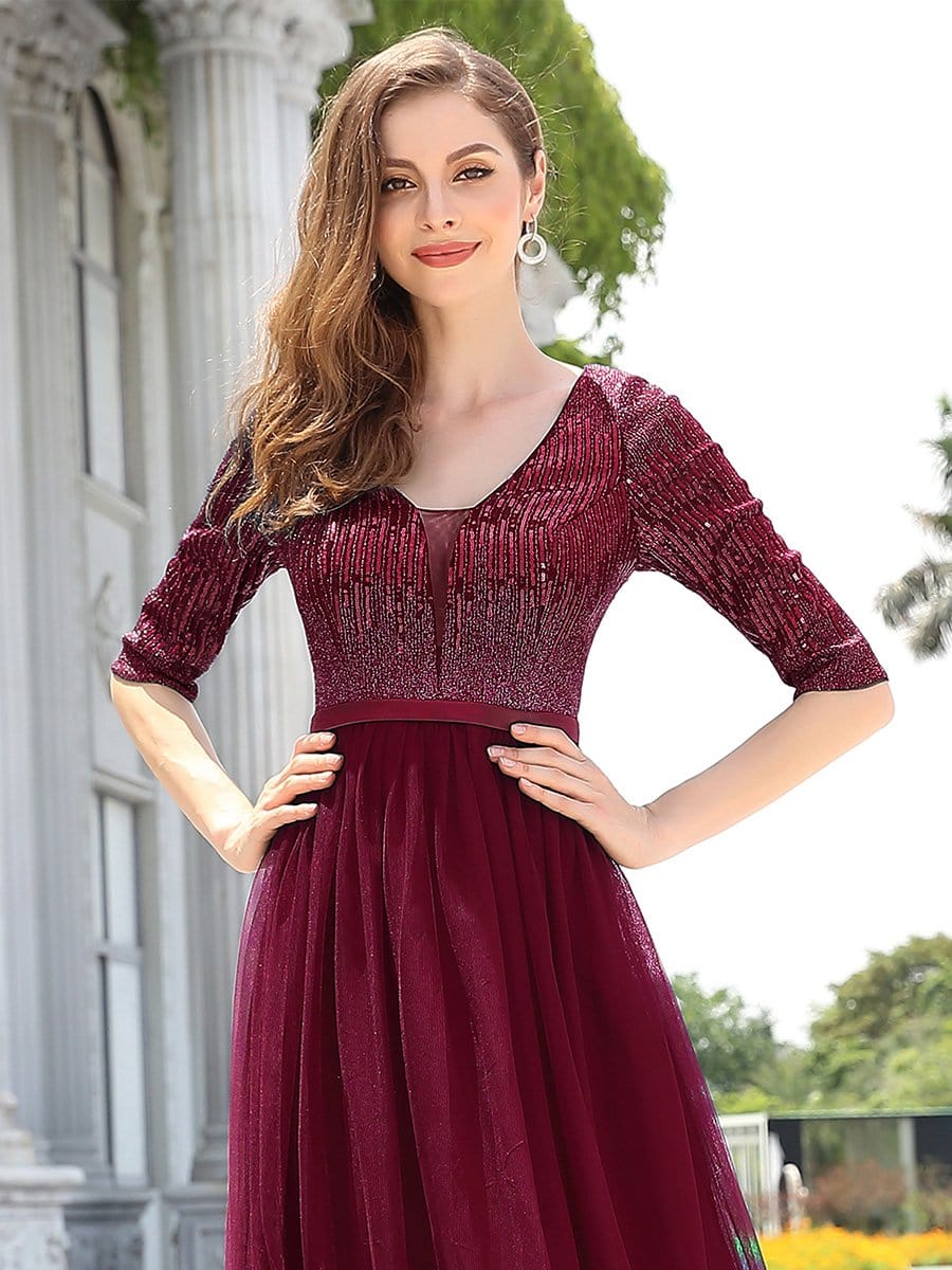 Color=Burgundy | Women'S Fashion V-Neck Floor Length Evening Dress-Burgundy 5