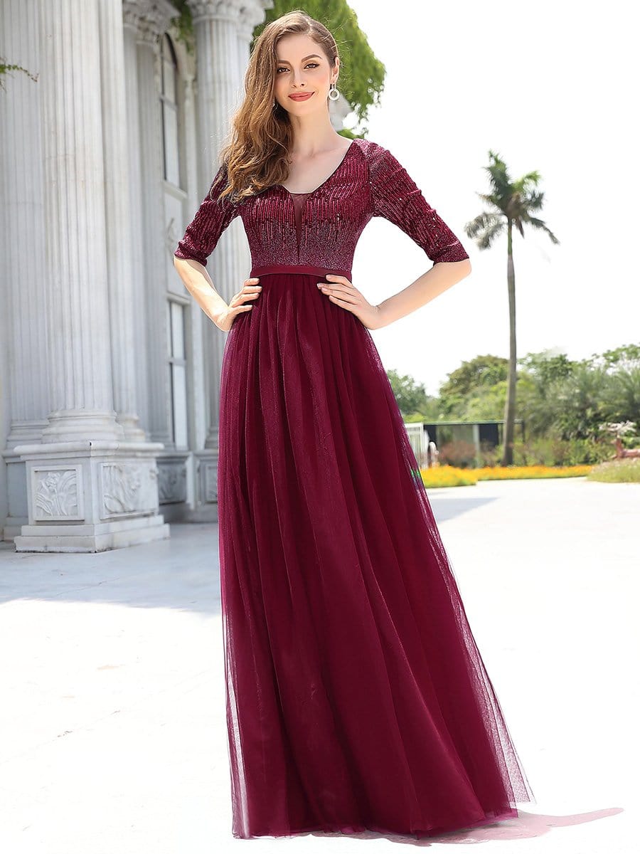 Color=Burgundy | Women'S Fashion V-Neck Floor Length Evening Dress-Burgundy 1