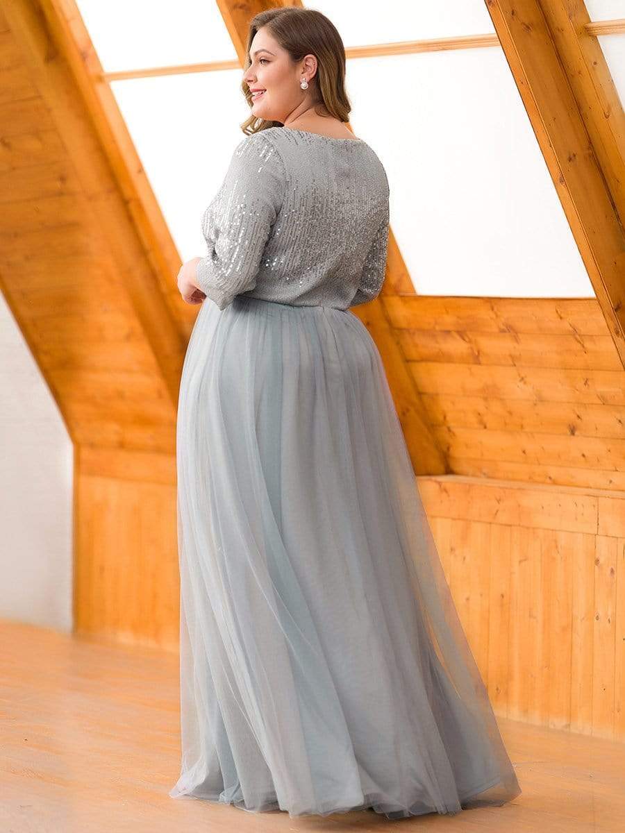 Color=Grey | Plus Size Women'S Fashion V-Neck Floor Length Evening Dress-Grey 2