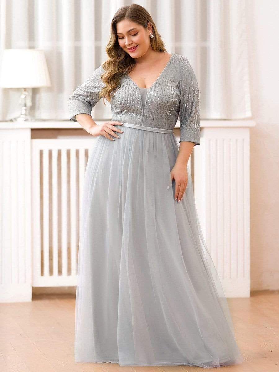 Color=Grey | Plus Size Women'S Fashion V-Neck Floor Length Evening Dress-Grey 3