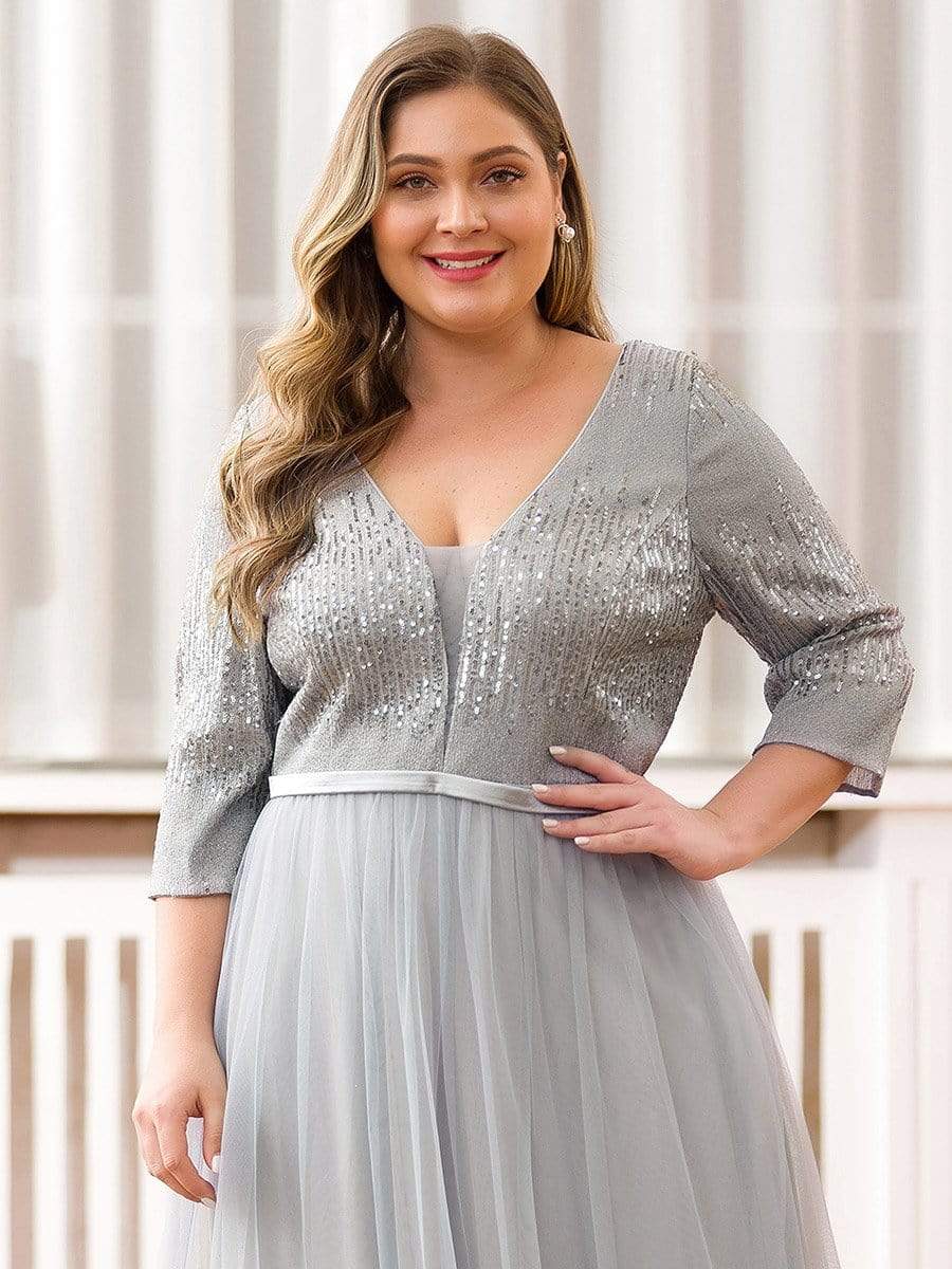 Color=Grey | Plus Size Women'S Fashion V-Neck Floor Length Evening Dress-Grey 5