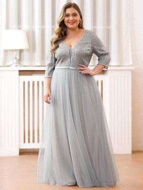 Color=Grey | Plus Size Women'S Fashion V-Neck Floor Length Evening Dress-Grey 1