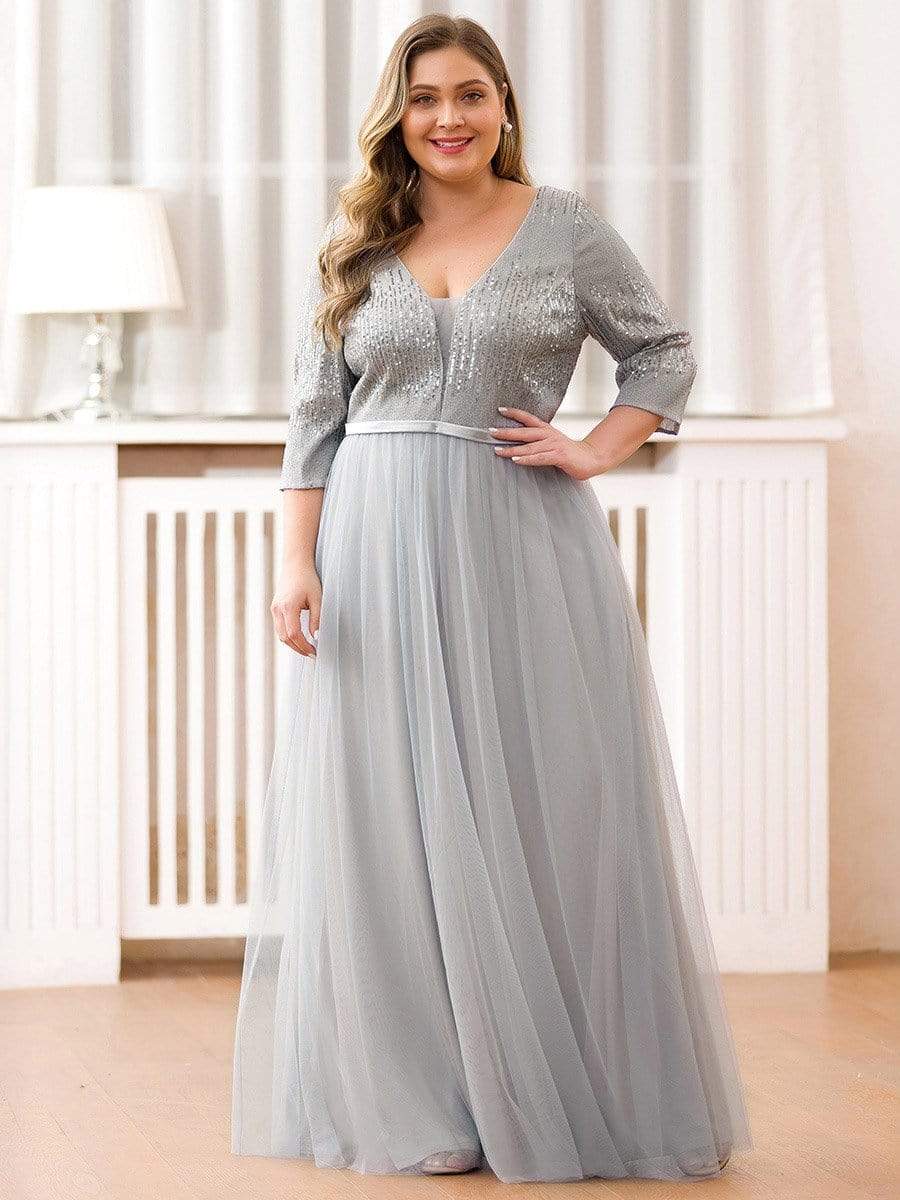 Color=Grey | Women'S Fashion V-Neck Floor Length Evening Dress-Grey 10