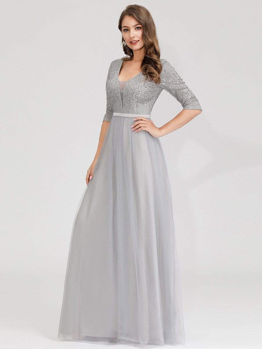 Color=Grey | Women'S Fashion V-Neck Floor Length Evening Dress-Grey 7
