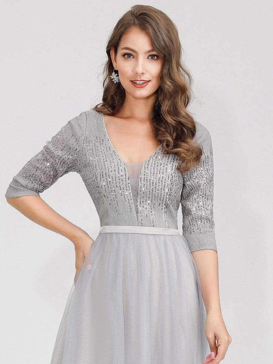 Color=Grey | Women'S Fashion V-Neck Floor Length Evening Dress-Grey 9