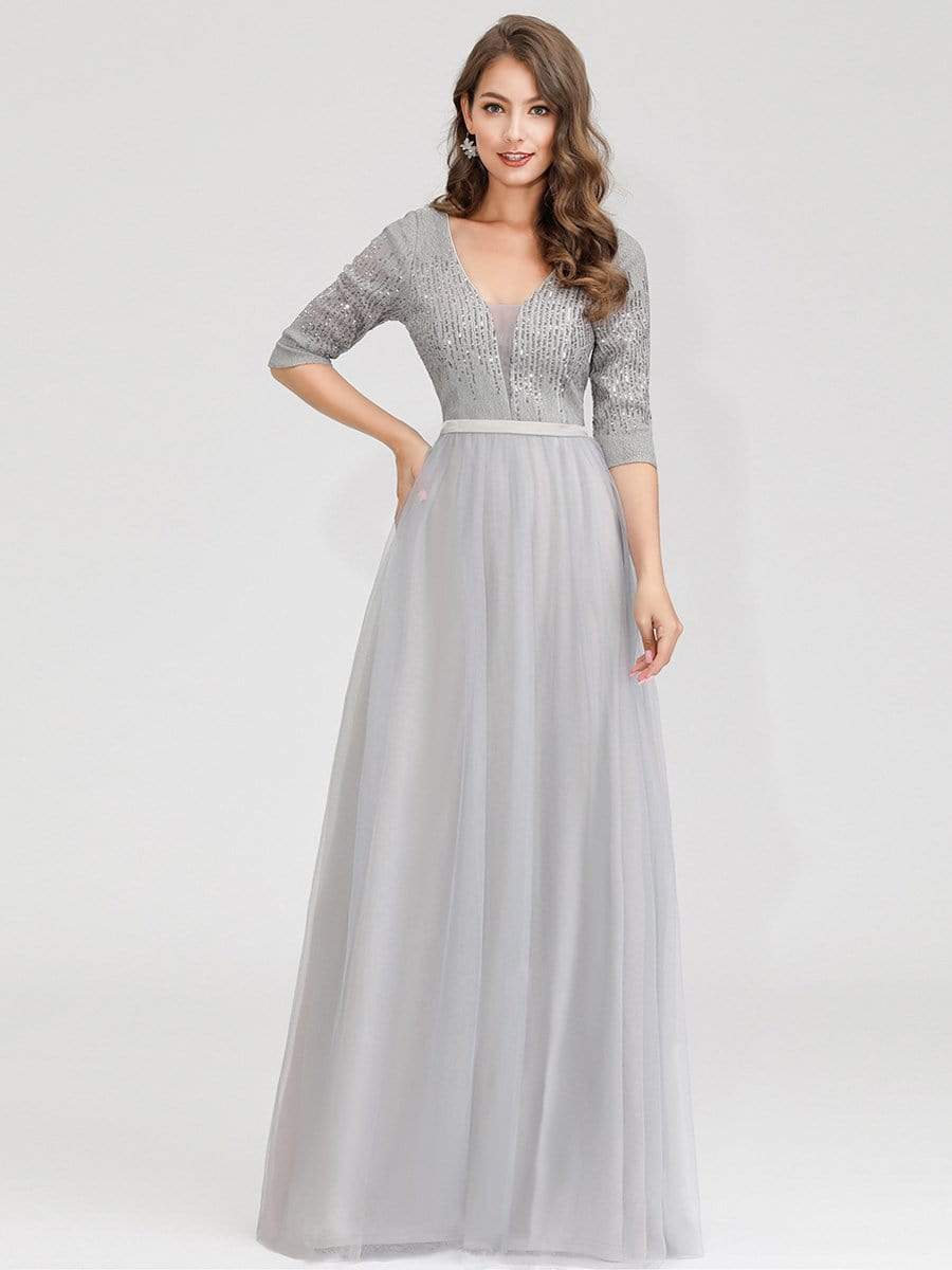 Color=Grey | Women'S Fashion V-Neck Floor Length Evening Dress-Grey 5