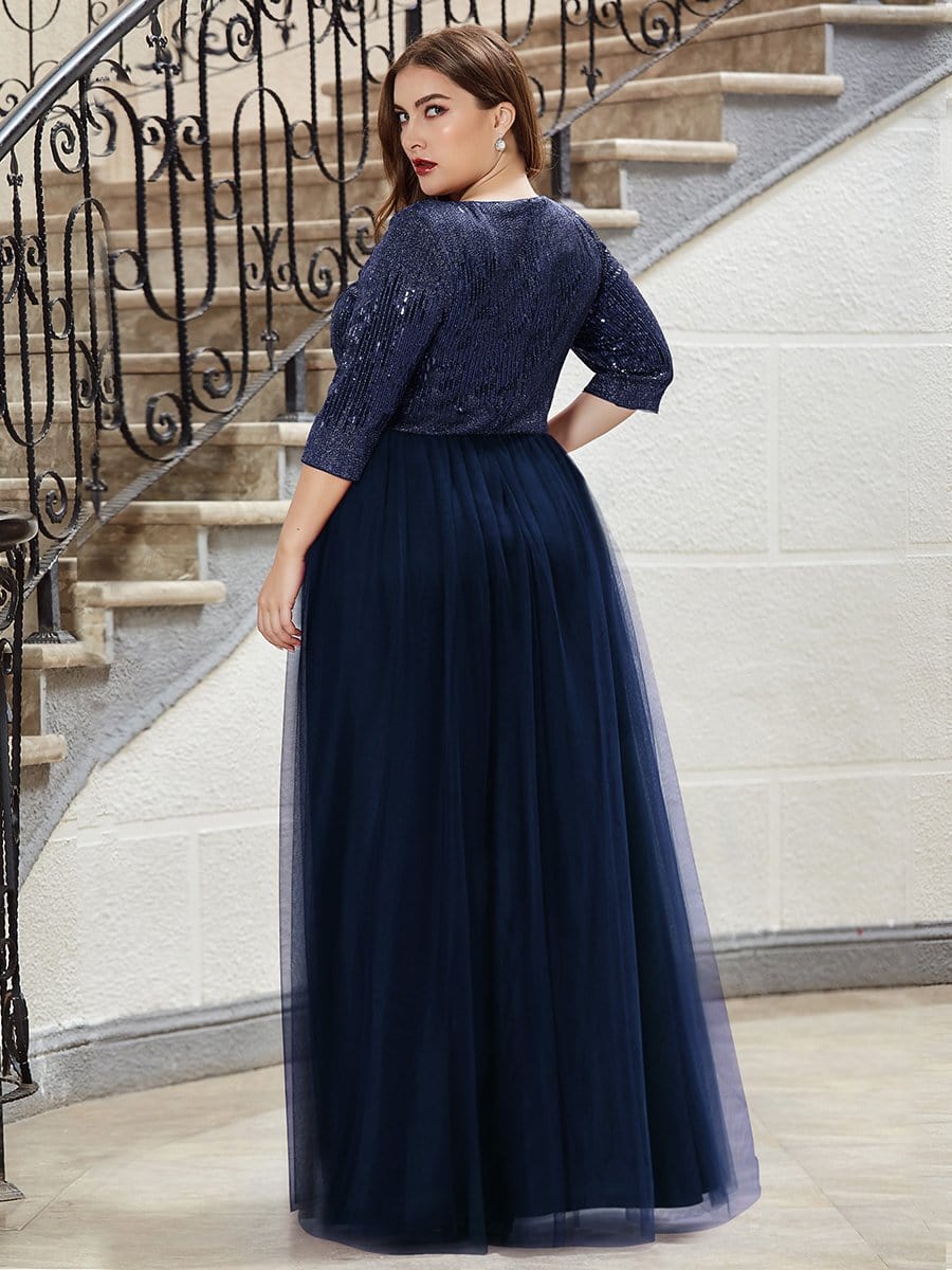 Color=Navy Blue | Plus Size Women'S Fashion V-Neck Floor Length Evening Dress-Navy Blue 2