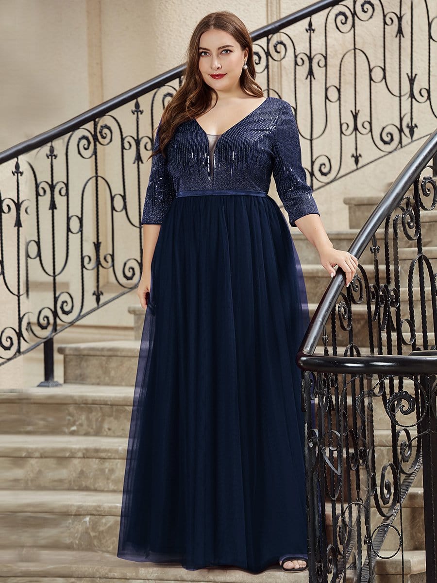 Color=Navy Blue | Plus Size Women'S Fashion V-Neck Floor Length Evening Dress-Navy Blue 3