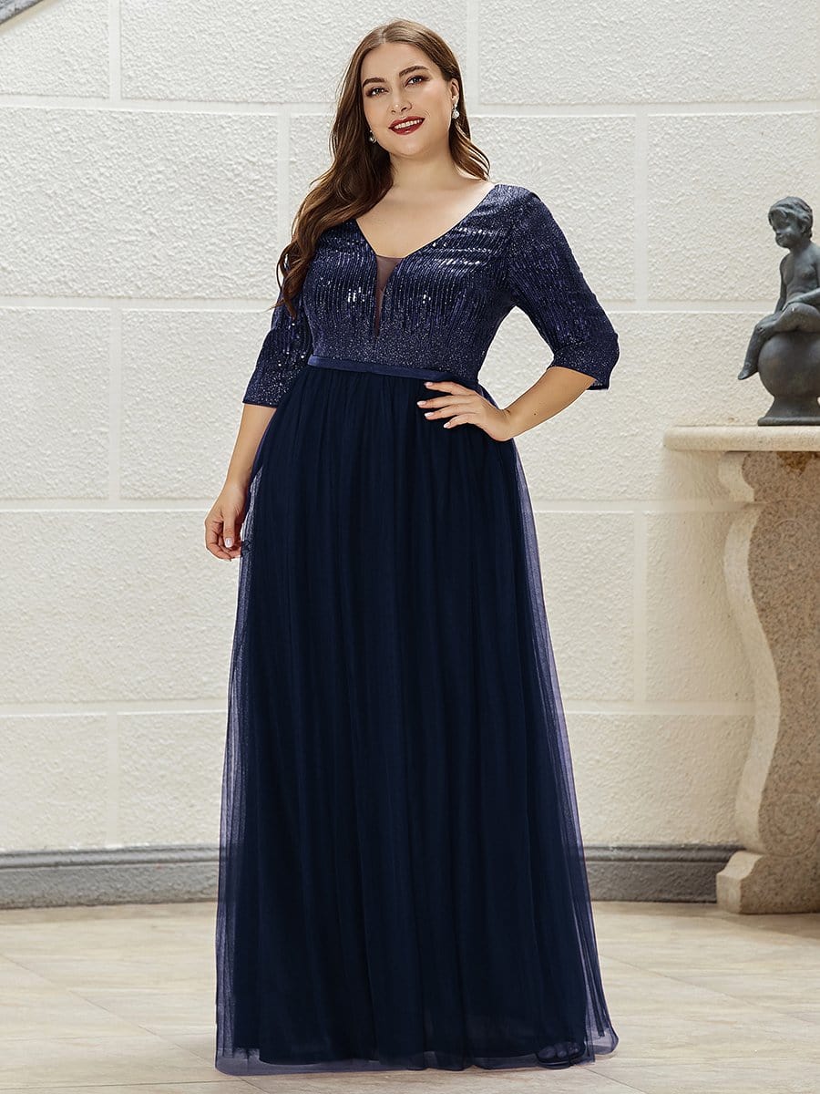 Color=Navy Blue | Plus Size Women'S Fashion V-Neck Floor Length Evening Dress-Navy Blue 4