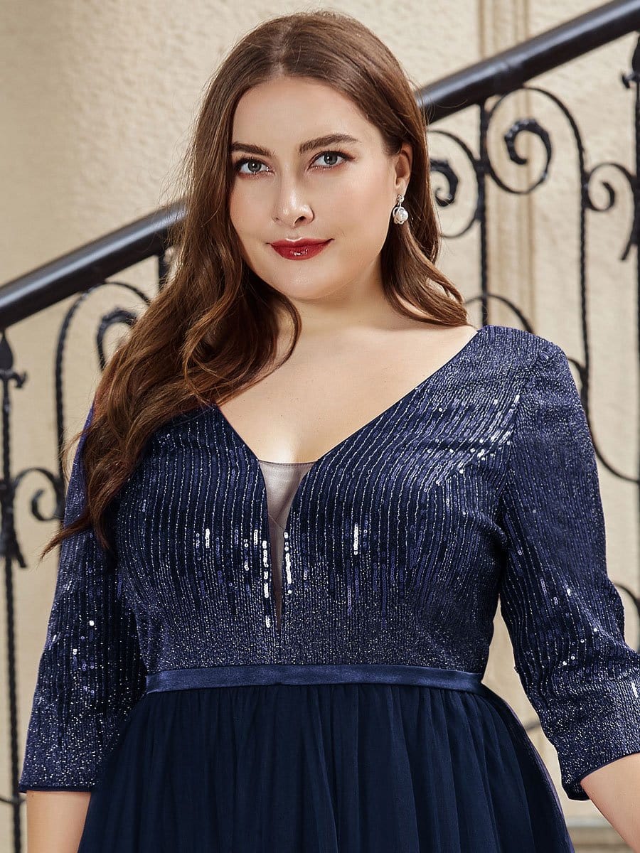 Color=Navy Blue | Plus Size Women'S Fashion V-Neck Floor Length Evening Dress-Navy Blue 5