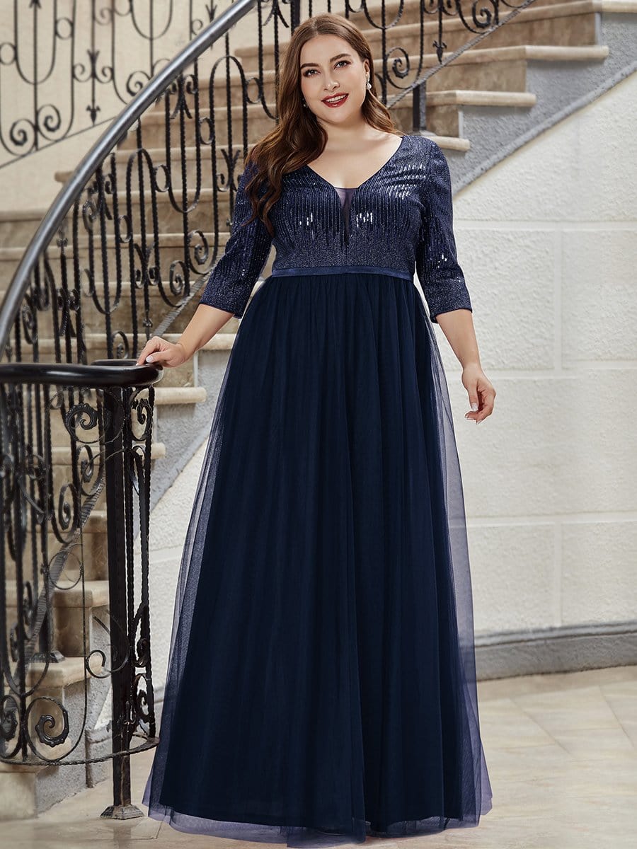 Color=Navy Blue | Plus Size Women'S Fashion V-Neck Floor Length Evening Dress-Navy Blue 1