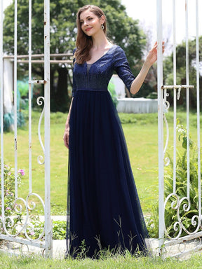 Color=Navy Blue | Women'S Fashion V-Neck Floor Length Evening Dress-Navy Blue 3