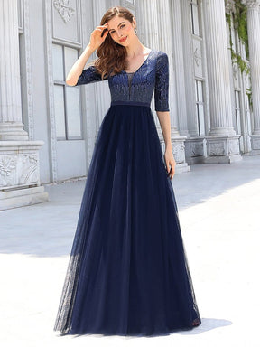 Color=Navy Blue | Women'S Fashion V-Neck Floor Length Evening Dress-Navy Blue 4