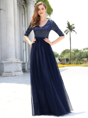 Color=Navy Blue | Women'S Fashion V-Neck Floor Length Evening Dress-Navy Blue 1