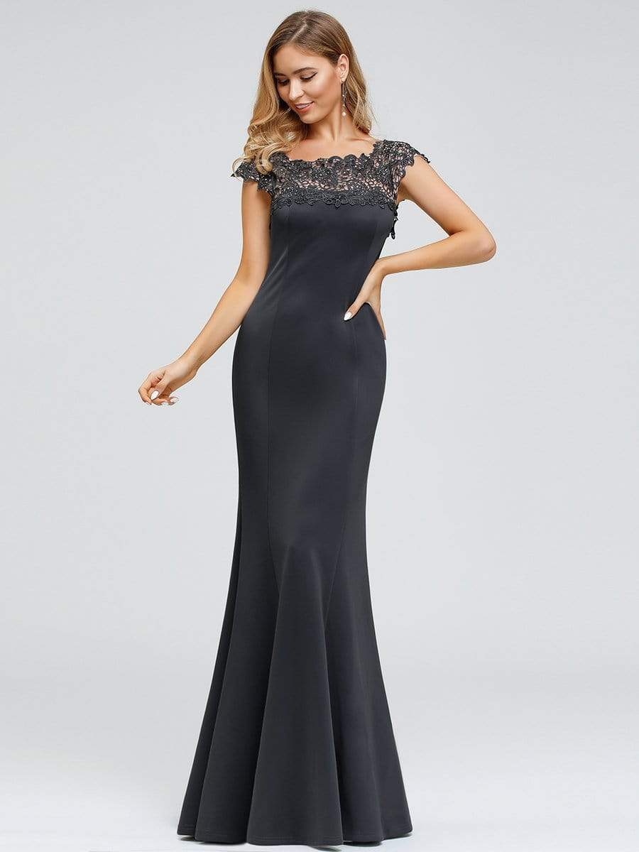 Color=Deep Grey | Women'S Round Neckline Fishtail Evening Dress-Deep Grey 4