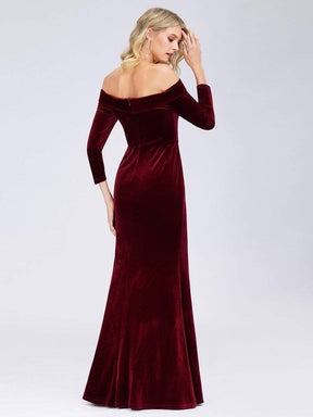 Color=Burgundy | Women'S Off The Shoulder Long Sleeve Velvet Evening Maxi Dress-Burgundy 2