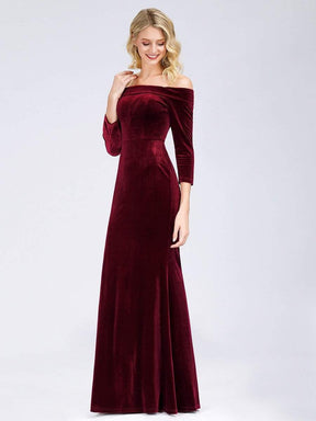 Color=Burgundy | Women'S Off The Shoulder Long Sleeve Velvet Evening Maxi Dress-Burgundy 3