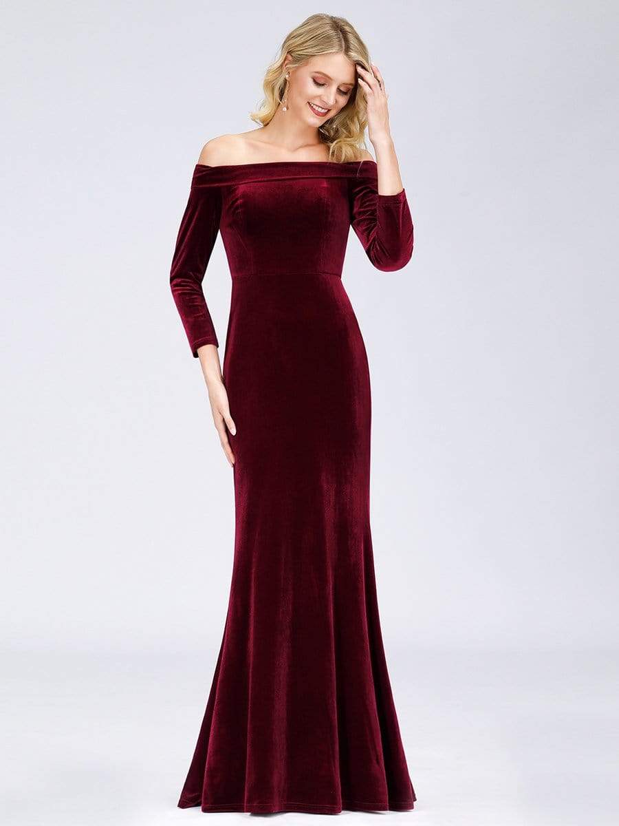 Color=Burgundy | Women'S Off The Shoulder Long Sleeve Velvet Evening Maxi Dress-Burgundy 4