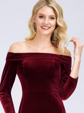 Color=Burgundy | Women'S Off The Shoulder Long Sleeve Velvet Evening Maxi Dress-Burgundy 5