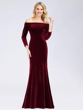 Color=Burgundy | Women'S Off The Shoulder Long Sleeve Velvet Evening Maxi Dress-Burgundy 1