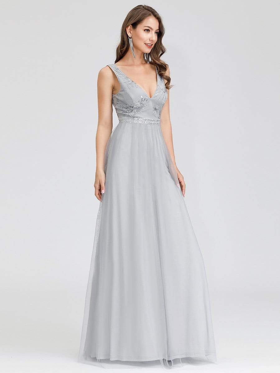 Color=Grey | V-Neck Sleeveless Party Evening Dress-Grey 3