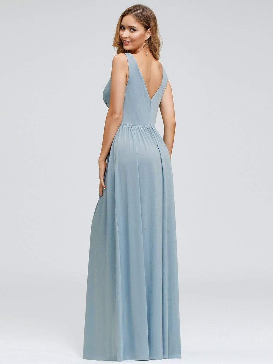 Color=Sky Blue | Women'S Double V-Neck Empire Waist Side Split Evening Dresses-Sky Blue 2