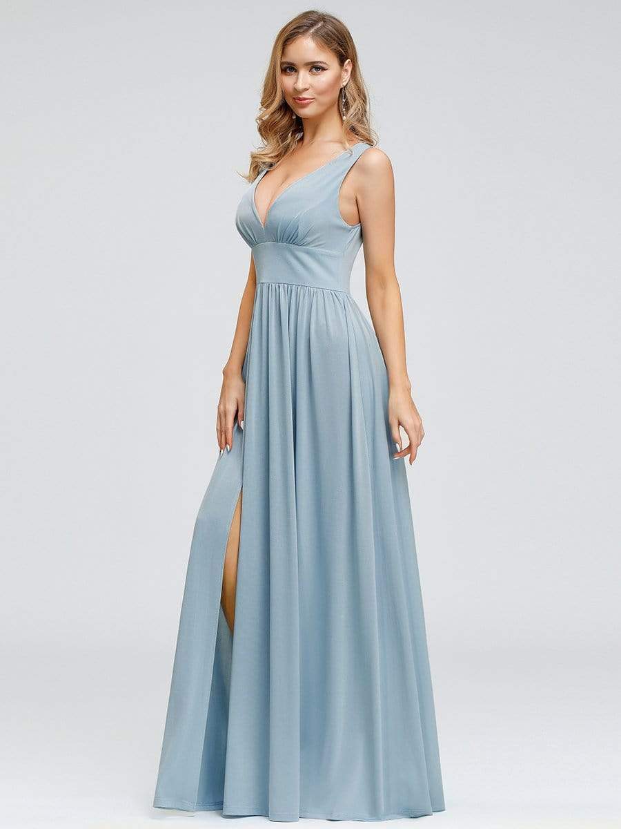 Color=Sky Blue | Women'S Double V-Neck Empire Waist Side Split Evening Dresses-Sky Blue 3