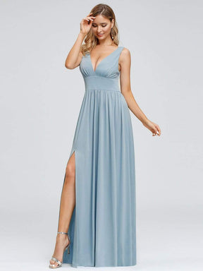 Color=Sky Blue | Women'S Double V-Neck Empire Waist Side Split Evening Dresses-Sky Blue 1