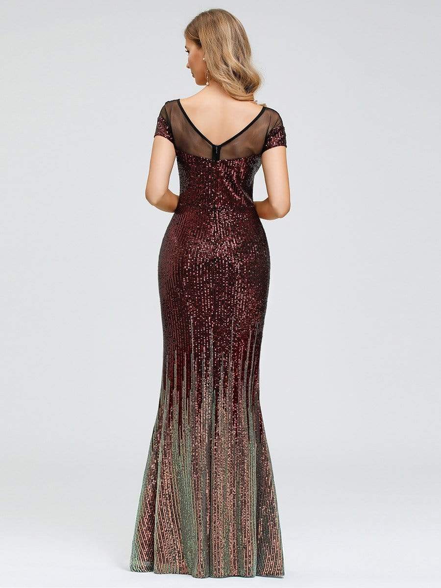 Color=Burgundy | Women'S Cap Sleeve Sequin Dress Mermaid Party Dress-Burgundy 8