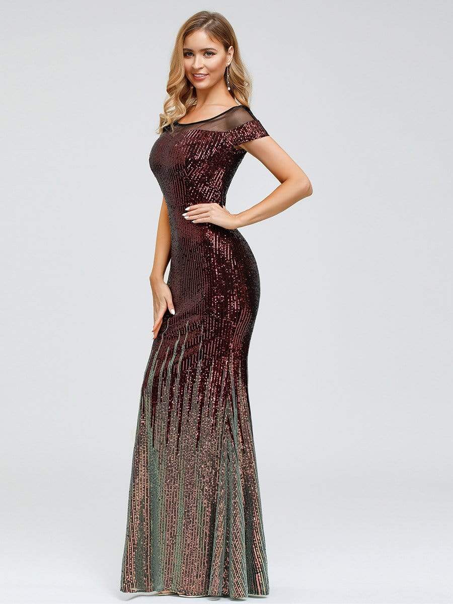 Color=Burgundy | Women'S Cap Sleeve Sequin Dress Mermaid Party Dress-Burgundy 9