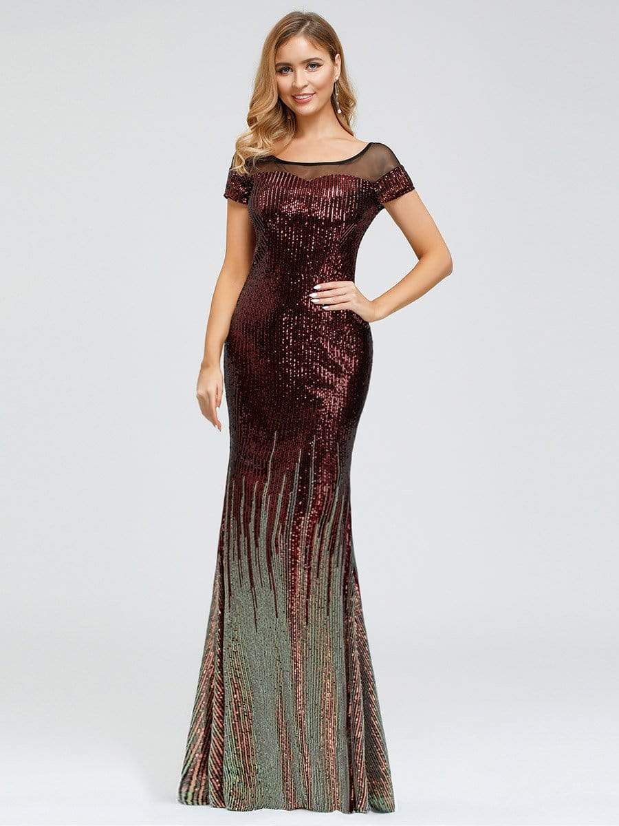 Color=Burgundy | Women'S Cap Sleeve Sequin Dress Mermaid Party Dress-Burgundy 10