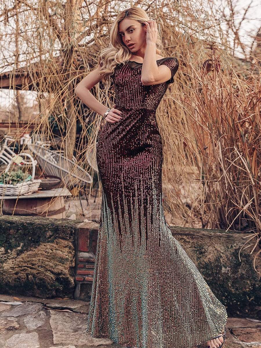 Color=Burgundy | Women'S Cap Sleeve Sequin Dress Mermaid Party Dress-Burgundy 1