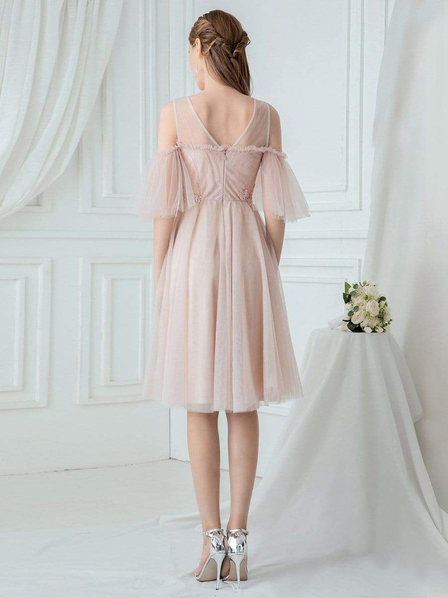 Color=Pink | Women'S Elegant Round Neckline Tulle Bridesmaid Dress-Pink 2