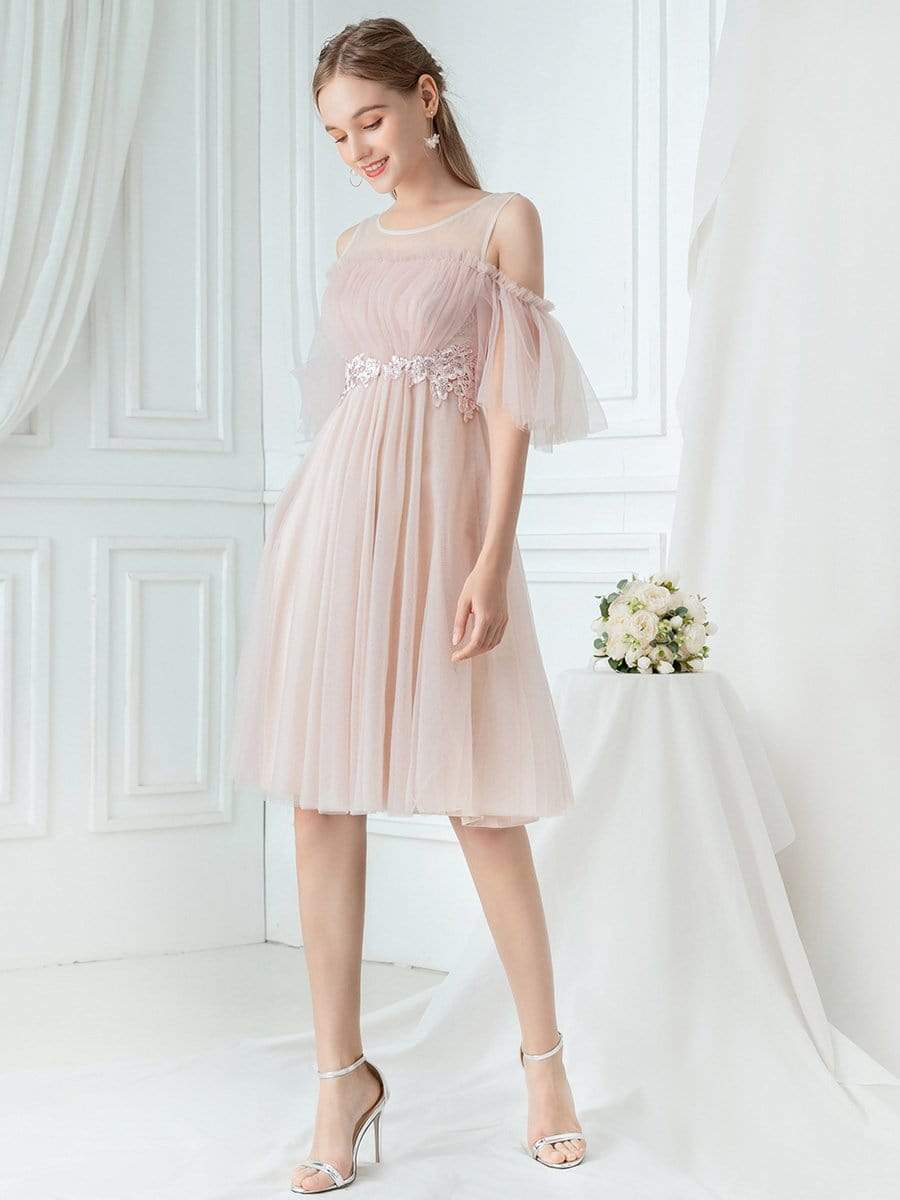 Color=Pink | Women'S Elegant Round Neckline Tulle Bridesmaid Dress-Pink 3