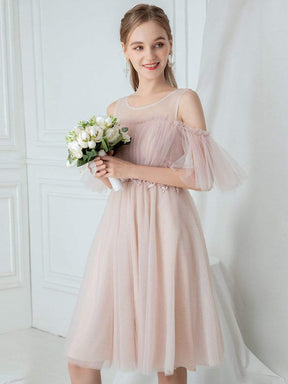 Color=Pink | Women'S Elegant Round Neckline Tulle Bridesmaid Dress-Pink 4