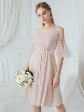 Color=Pink | Women'S Elegant Round Neckline Tulle Bridesmaid Dress-Pink 1
