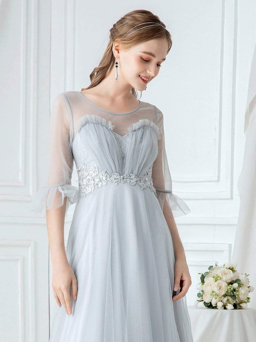 Color=Grey | Women'S Elegant Floor Length Tulle Bridesmaid Dress-Grey 5