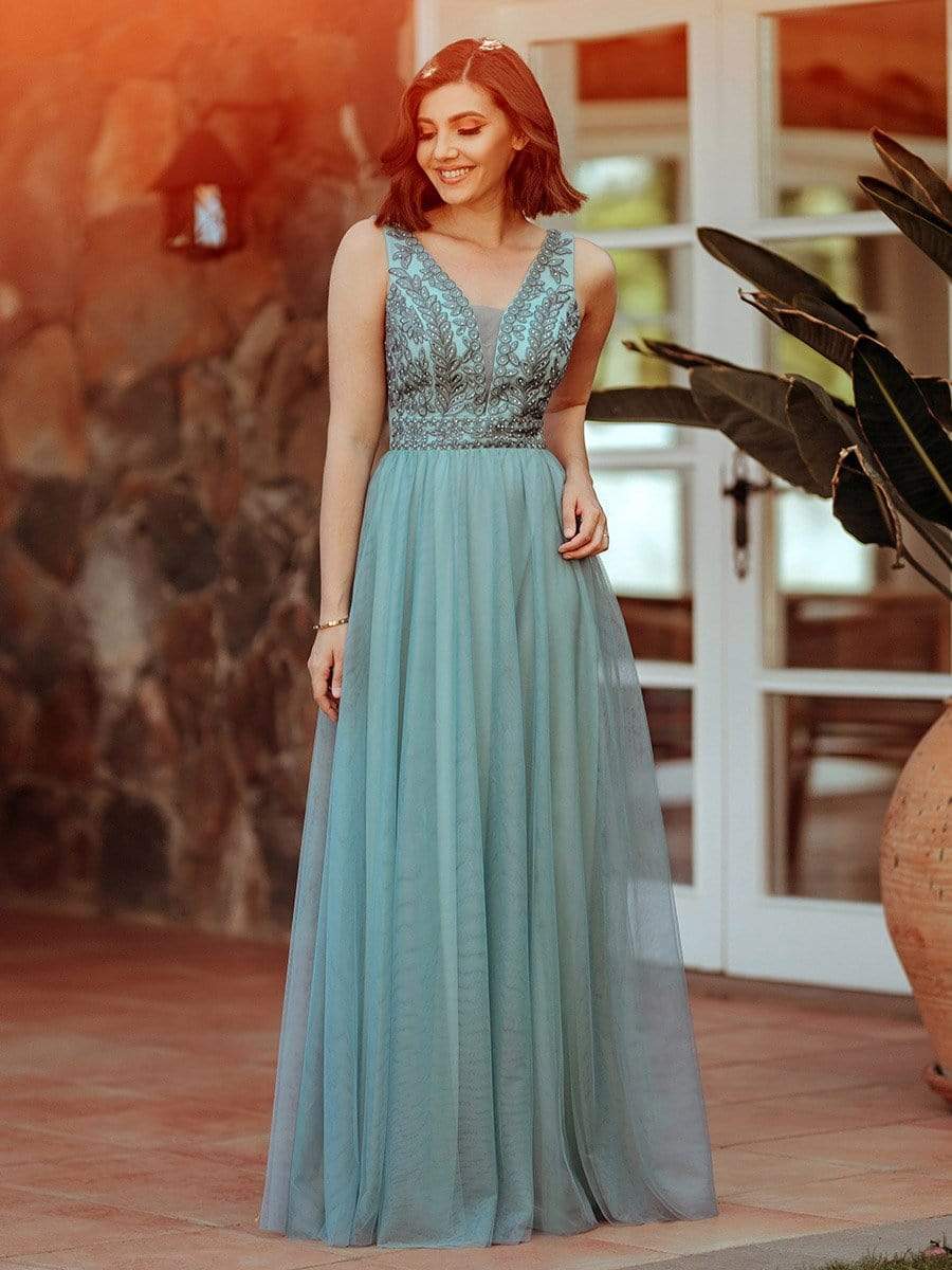 Color=Dusty Blue | Women'S Elegant V Neck Floor Length Bridesmaid Dress-Dusty Blue 2