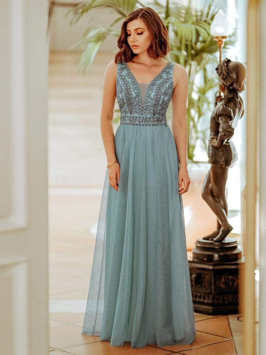 Color=Dusty Blue | Women'S Elegant V Neck Floor Length Bridesmaid Dress-Dusty Blue 3