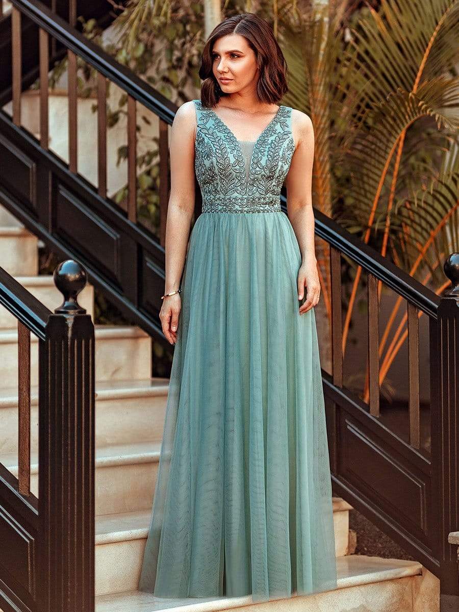 Color=Dusty Blue | Women'S Elegant V Neck Floor Length Bridesmaid Dress-Dusty Blue 5