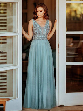 Color=Dusty Blue | Women'S Elegant V Neck Floor Length Bridesmaid Dress-Dusty Blue 6
