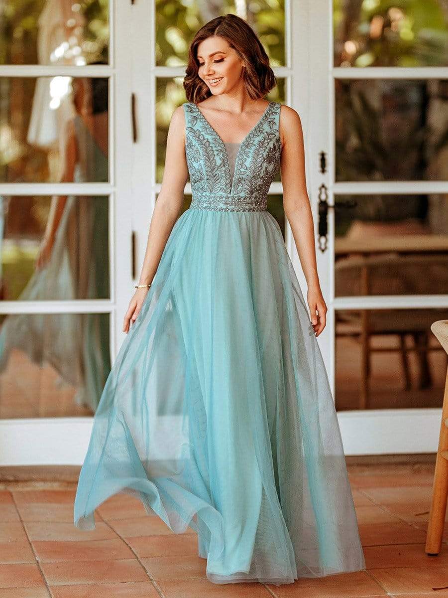 Color=Dusty Blue | Women'S Elegant V Neck Floor Length Bridesmaid Dress-Dusty Blue 7