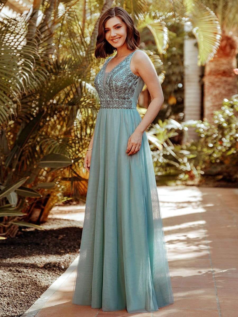 Color=Dusty Blue | Women'S Elegant V Neck Floor Length Bridesmaid Dress-Dusty Blue 8