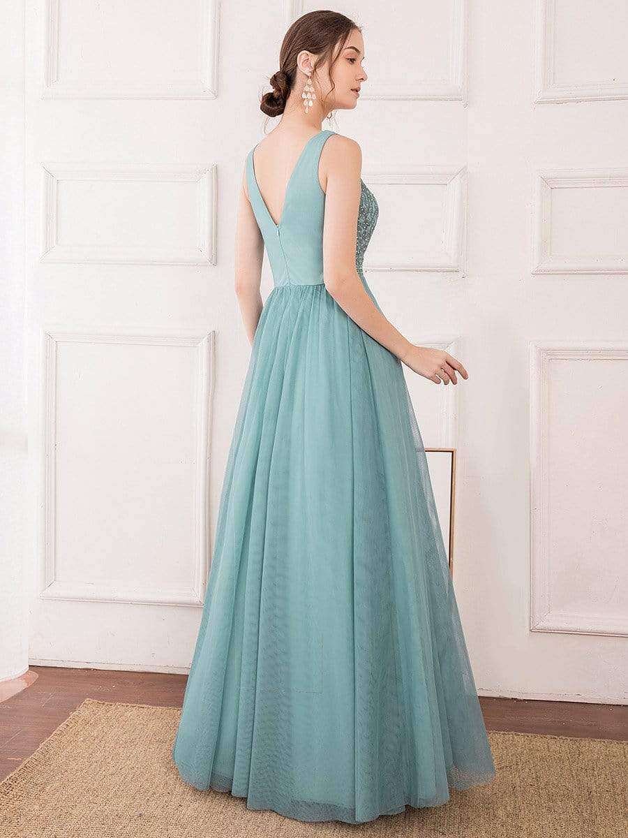 Color=Dusty Blue | Women'S Elegant V Neck Floor Length Bridesmaid Dress-Dusty Blue 12