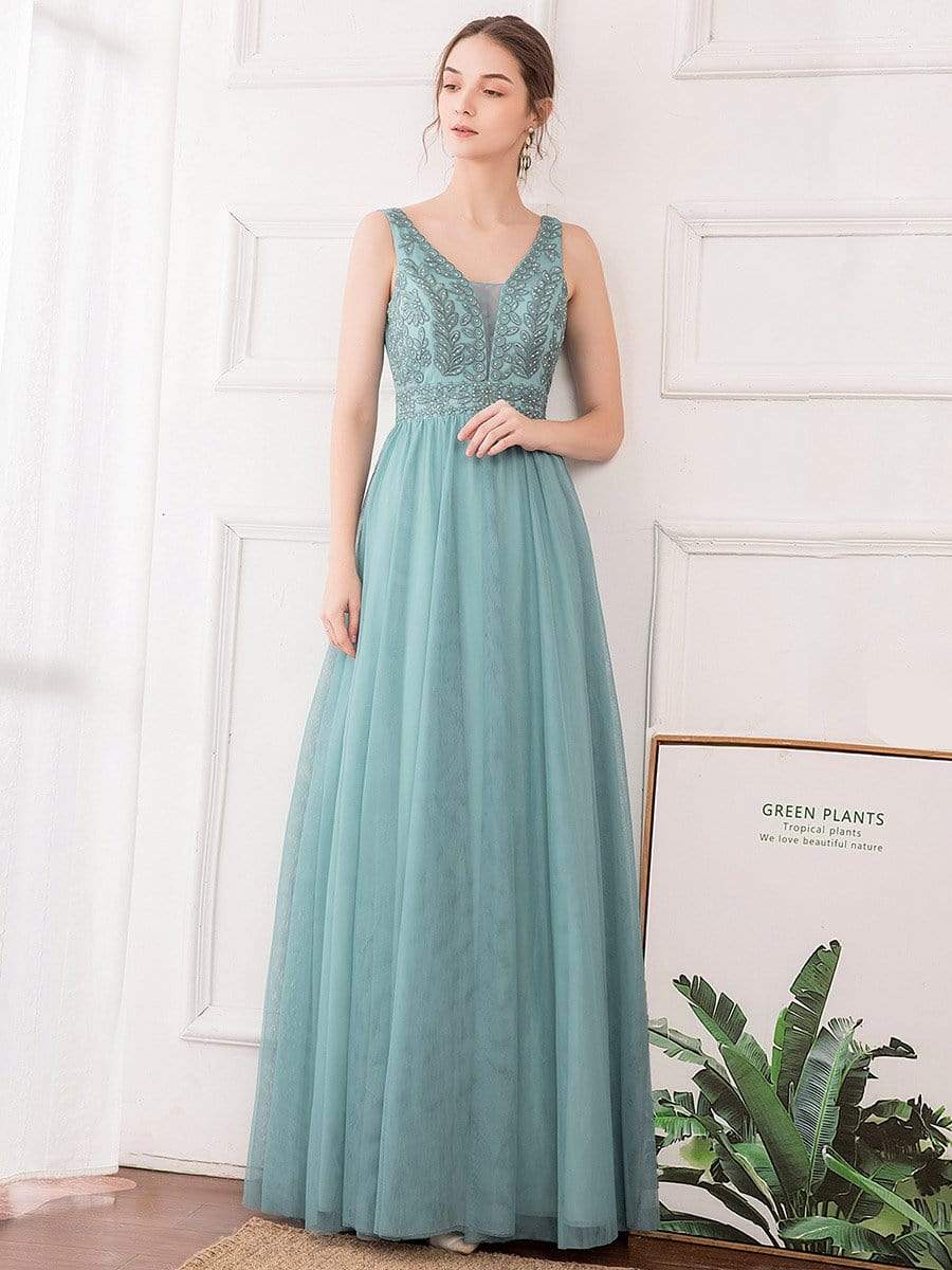 Color=Dusty Blue | Women'S Elegant V Neck Floor Length Bridesmaid Dress-Dusty Blue 14