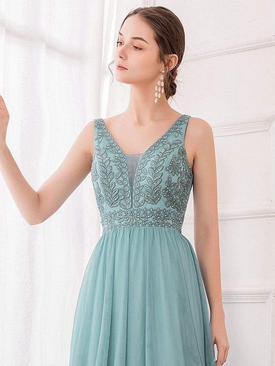 Color=Dusty Blue | Women'S Elegant V Neck Floor Length Bridesmaid Dress-Dusty Blue 15