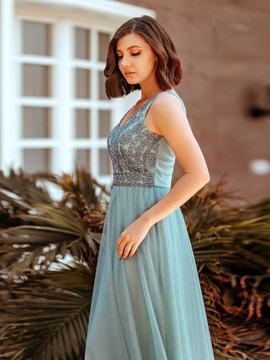 Color=Dusty Blue | Women'S Elegant V Neck Floor Length Bridesmaid Dress-Dusty Blue 9