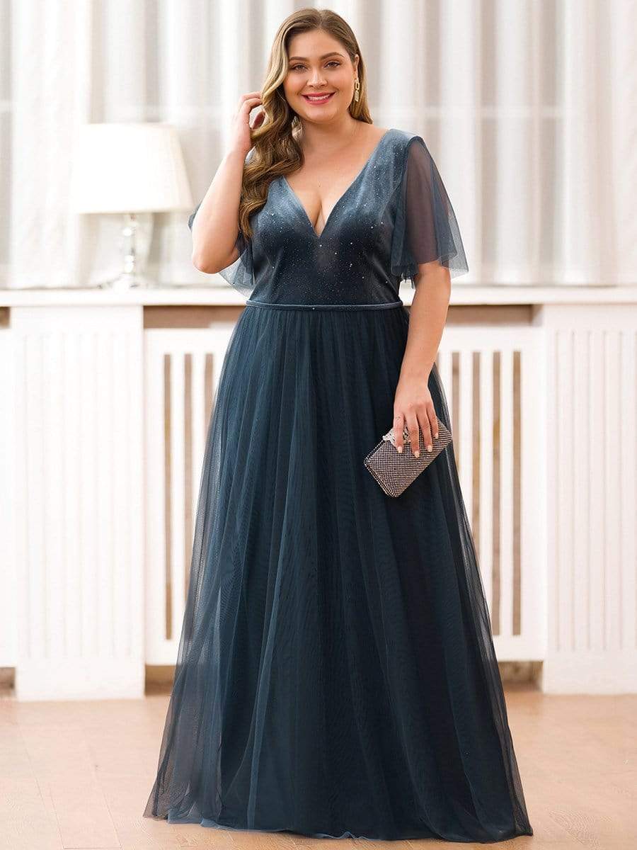 Color=Dusty Navy | Women'S V-Neck Short Sleeve Floor Length Evening Dress-Dusty Navy 4