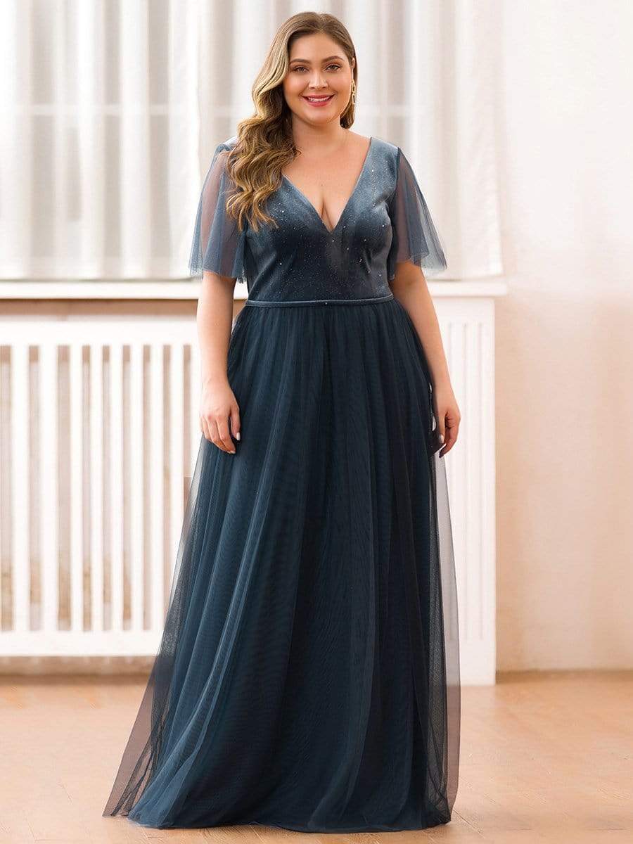 Color=Dusty Navy | Women'S V-Neck Short Sleeve Floor Length Evening Dress-Dusty Navy 1