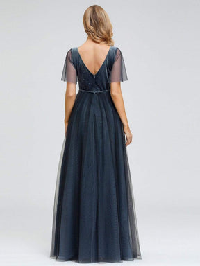 Color=Dusty Navy | Women'S V-Neck Short Sleeve Floor Length Evening Dress-Dusty Navy 2